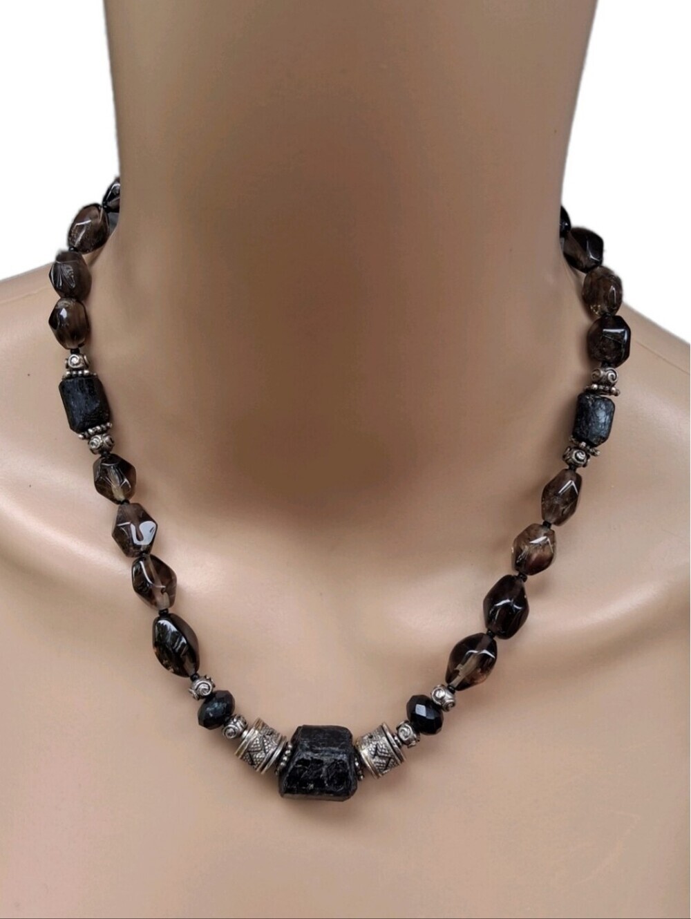 Vintage Brutalist Smoky Quartz & Raw Black Tourmaline Statement Necklace